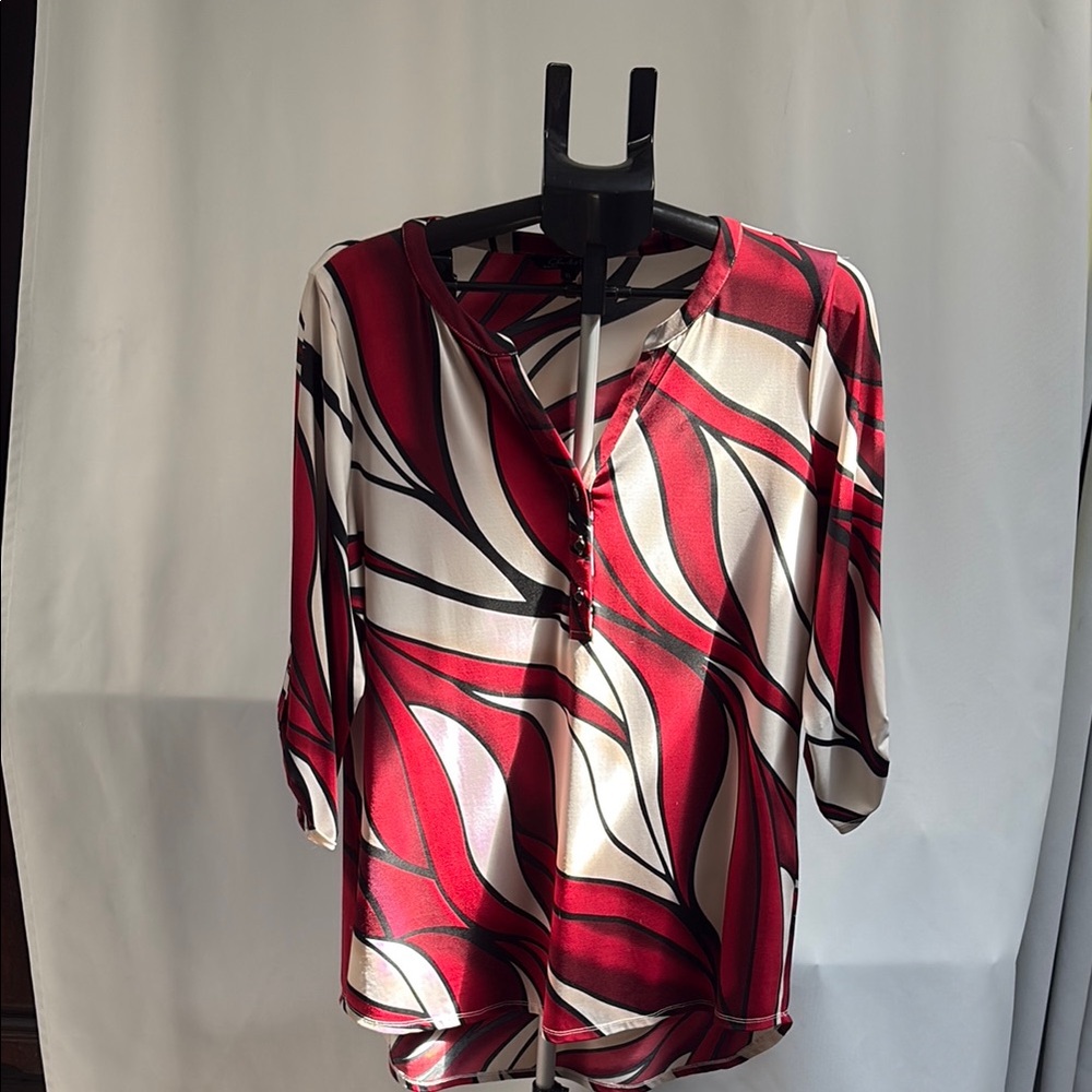 CHARLIE B Maroon Red and Black Graphic Blouse with Mandarin Collar